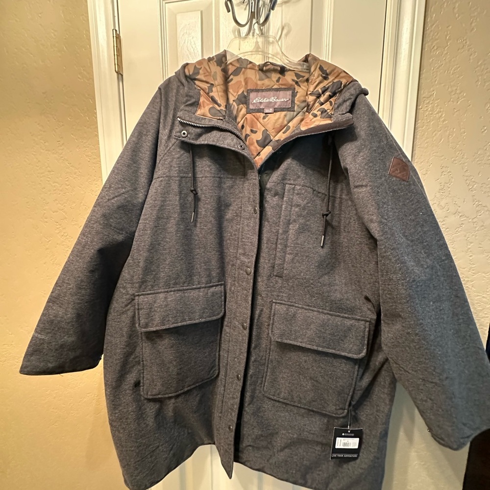 Eddie Bauer Charcoal Parka with Camouflage Hood